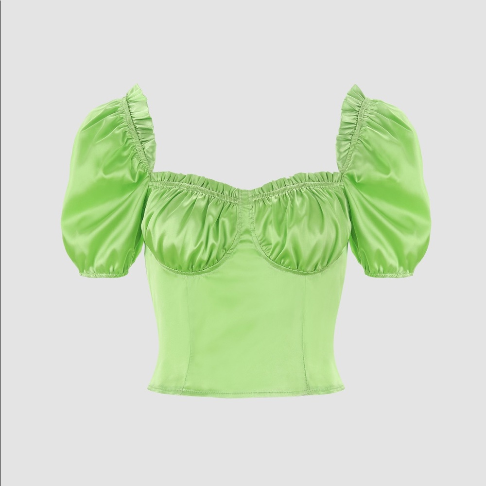 Lime Green Satin Puff Sleeve Crop Top – NWT – Women’s L